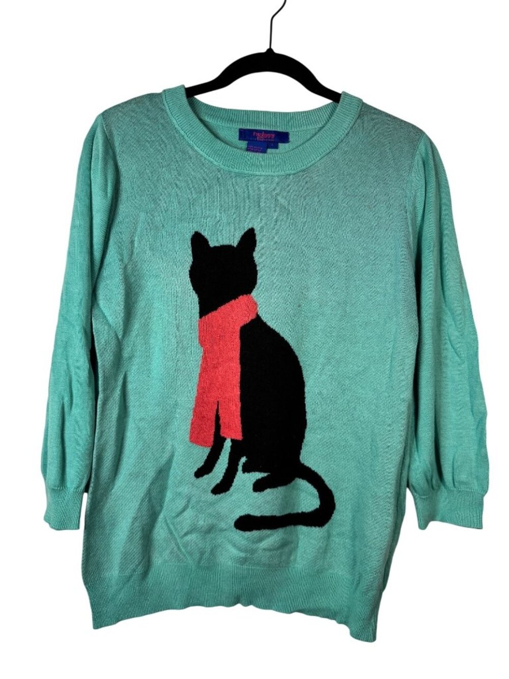 Twiggy London Large Cat Graphic Sweater Mint Green Womens Soft Knit Cotton Blend
